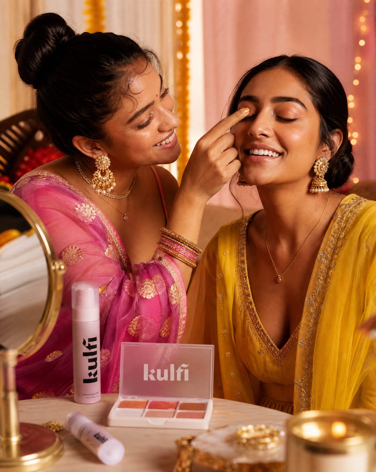 Two friends in pink and yellow saris applying Kulfi makeup at a vanity surrounded by marigolds and fairy lights.