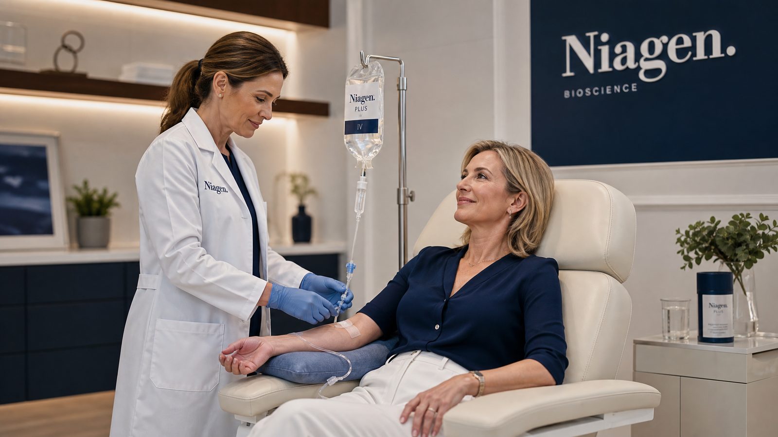 A clinician in a white Niagen lab coat administers a Niagen Plus IV infusion to a woman seated in a clinic chair.