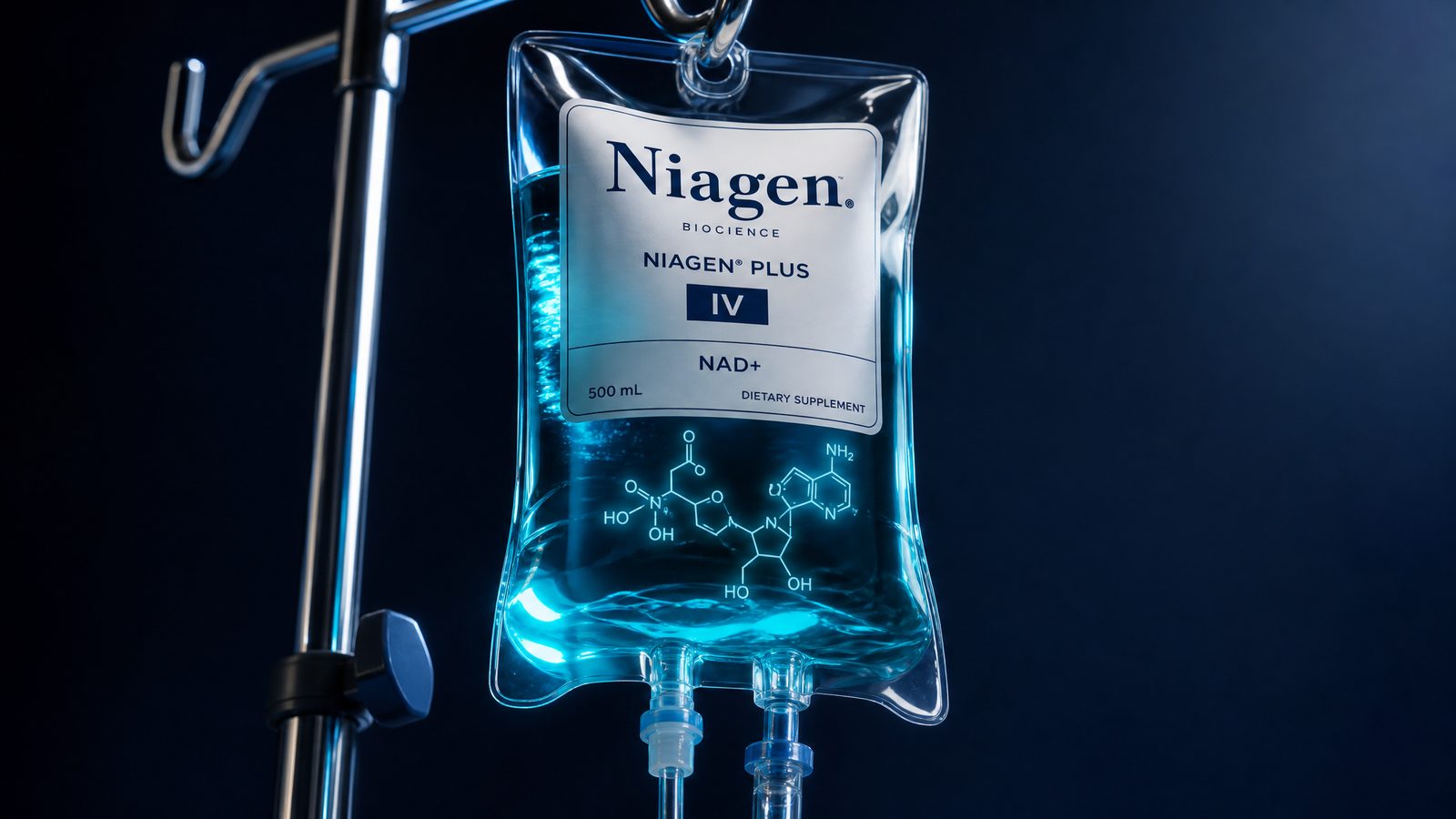 A backlit Niagen Plus IV bag suspended from a chrome stand, the NAD⁺ molecular structure visible on the label.